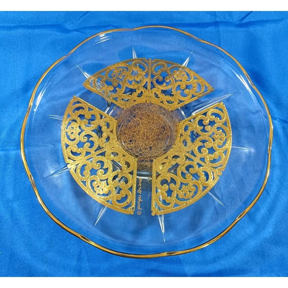 Georges Briard Signed Gold Scroll Encrusted Glass Pedestal Cake Plate Stand - Picture 1 of 7